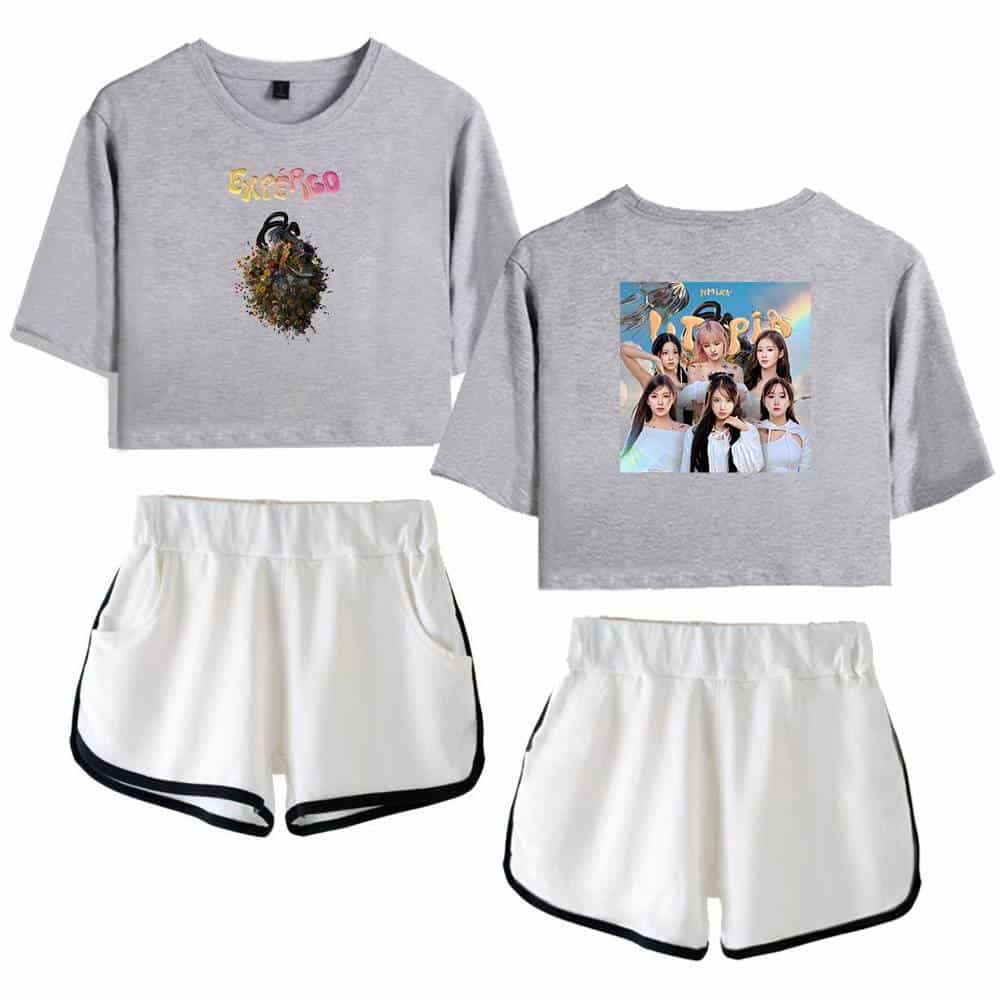 Jeremy Boppe swag merchandise featuring a group of fashionable young women in trendy grey graphic crop tops and white athletic shorts, inspired by Justin Bieber.