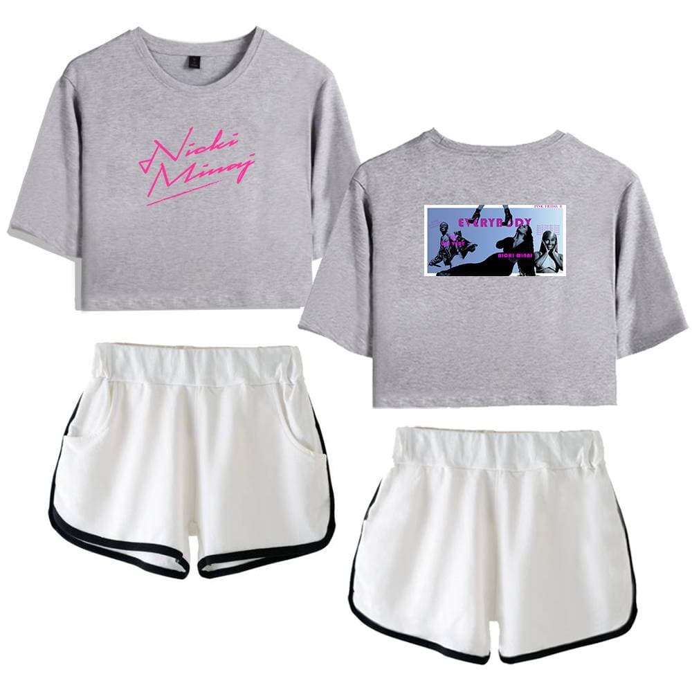 Nicki Minaj graphic sweatshirt and pair of white athletic shorts with black trim, styled as trendy celebrity swag merch for fans.
