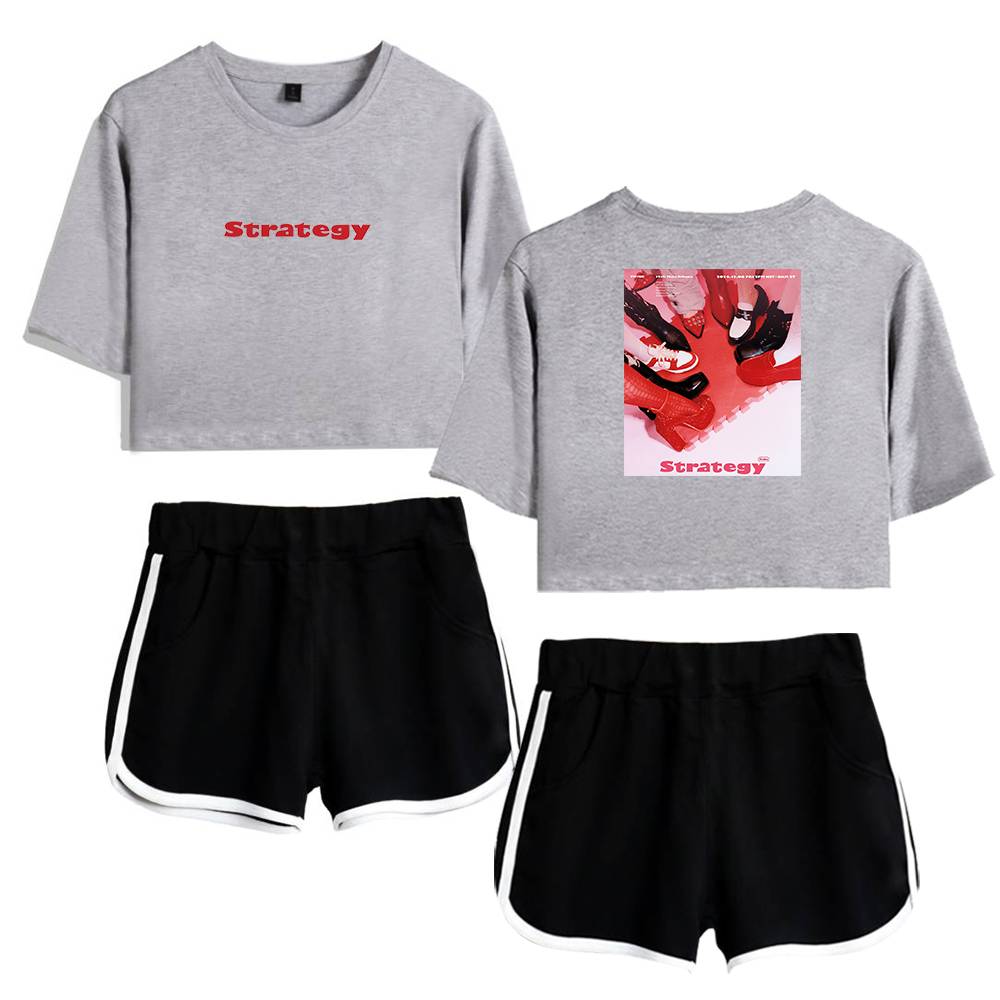 Justin Bieber swag merchandise featuring trendy cropped grey sweatshirts with bold red "Strategy" text and stylish black shorts with white trim, perfect for casual streetwear fashion.