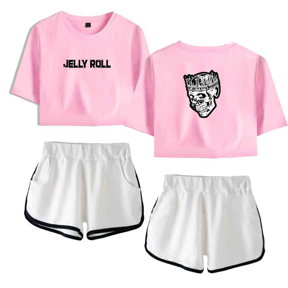 Pink "Jelly Roll" crop top with skull graphic, white sporty shorts with black trim, trendy Justin Bieber swag merch for casual streetwear style, perfect for fans.