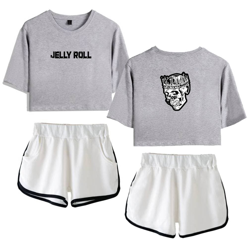 Jelly Roll cropped sweatshirt with black text, featuring matching streetwear shorts with black trim. The ensemble has edgy, urban style perfect for fans of Bieber's swag merch.