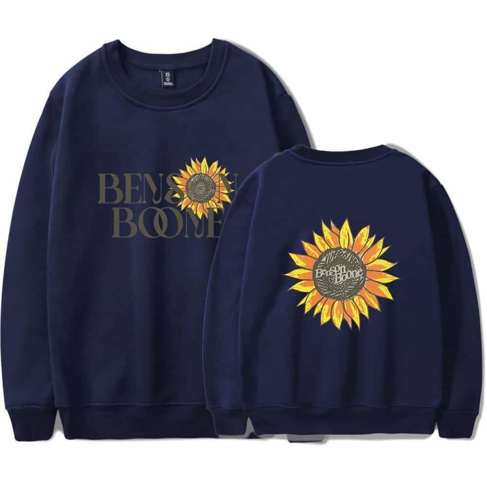Sunflower graphic Justin Bieber swag merch sweatshirt in navy blue with bold logo print.