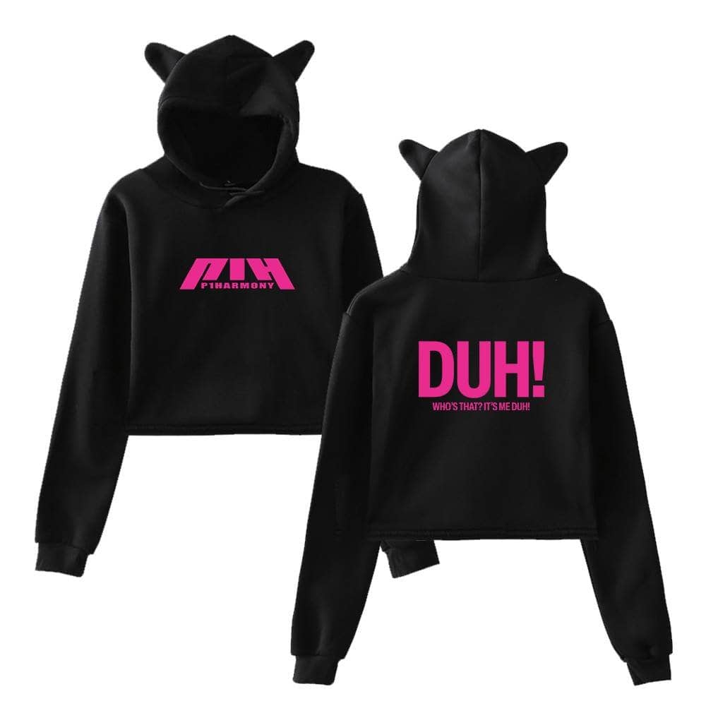 Pink and black Justin Bieber swag hoodies featuring playful text and fun designs, perfect for casual streetwear and fan merchandise. Includes a hoodie with "PHARMONY" branding and a back design with "DUH!" slogan.