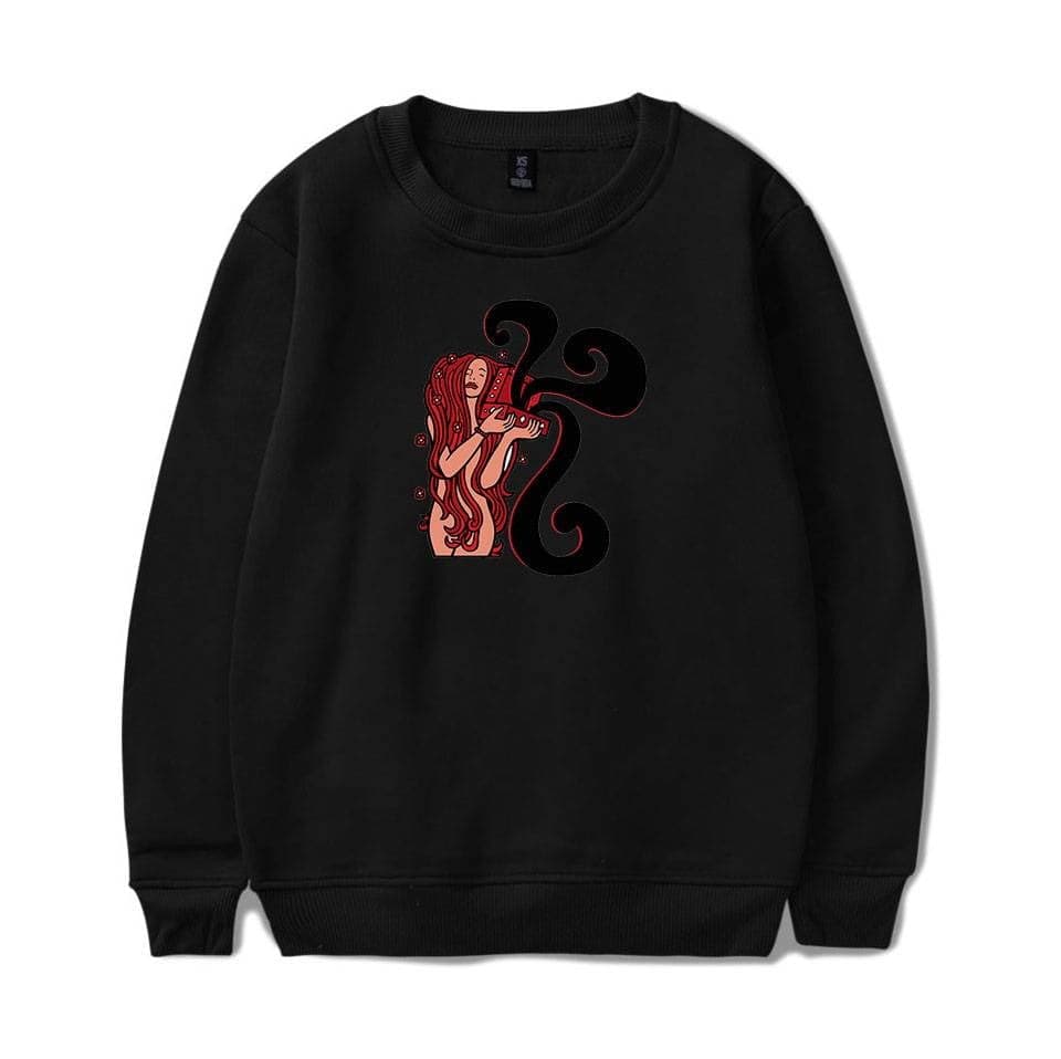 Vibrant red-haired girl illustration sweatshirt with musical notes, styled for Justin Bieber swag merch fans. Comfortable black crewneck with unique, artistic design. Perfect for music and pop culture enthusiasts.