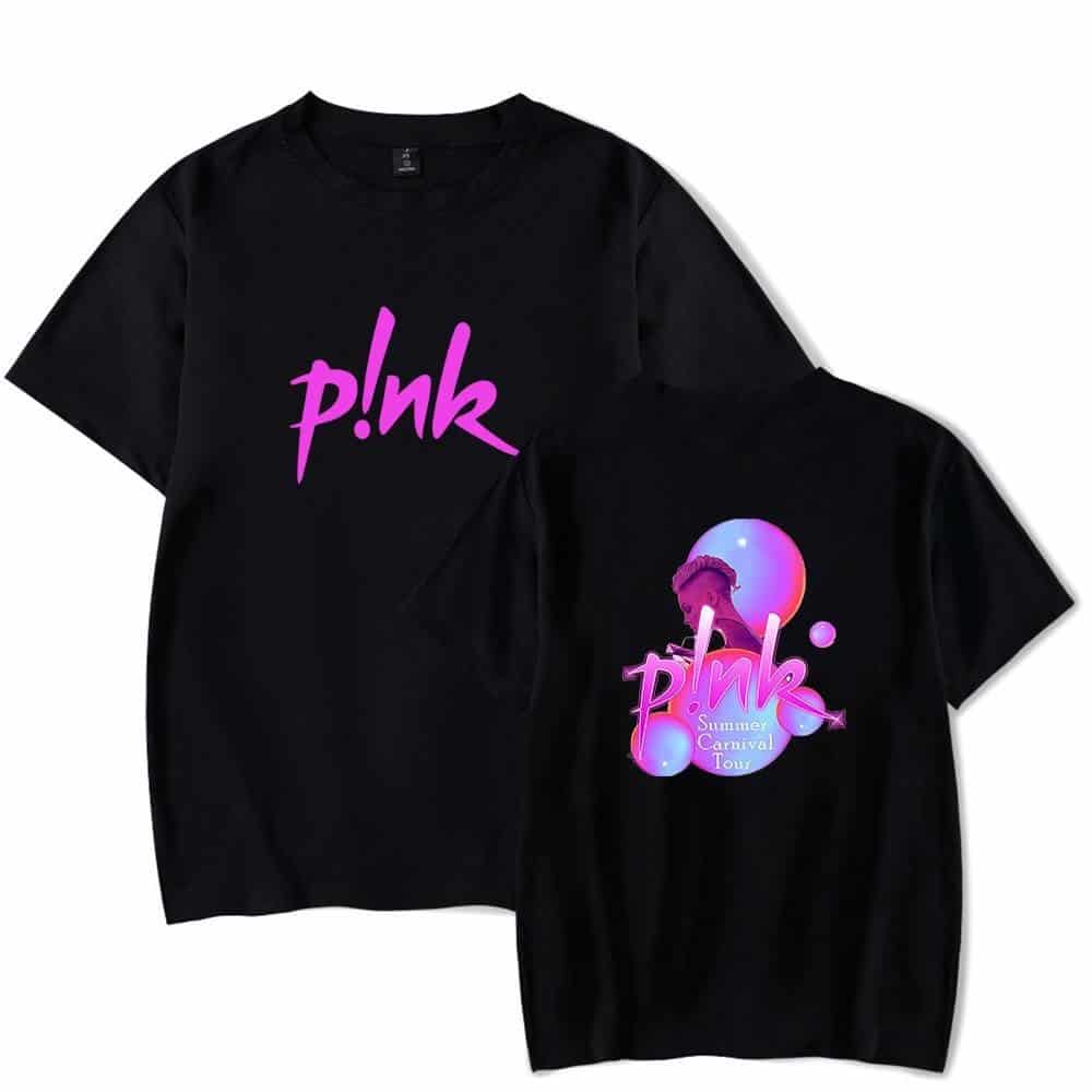 Pink merch t-shirts featuring Justin Bieber logo and vibrant summer carnival design, perfect for fans seeking stylish swag inspired by the pop icon.