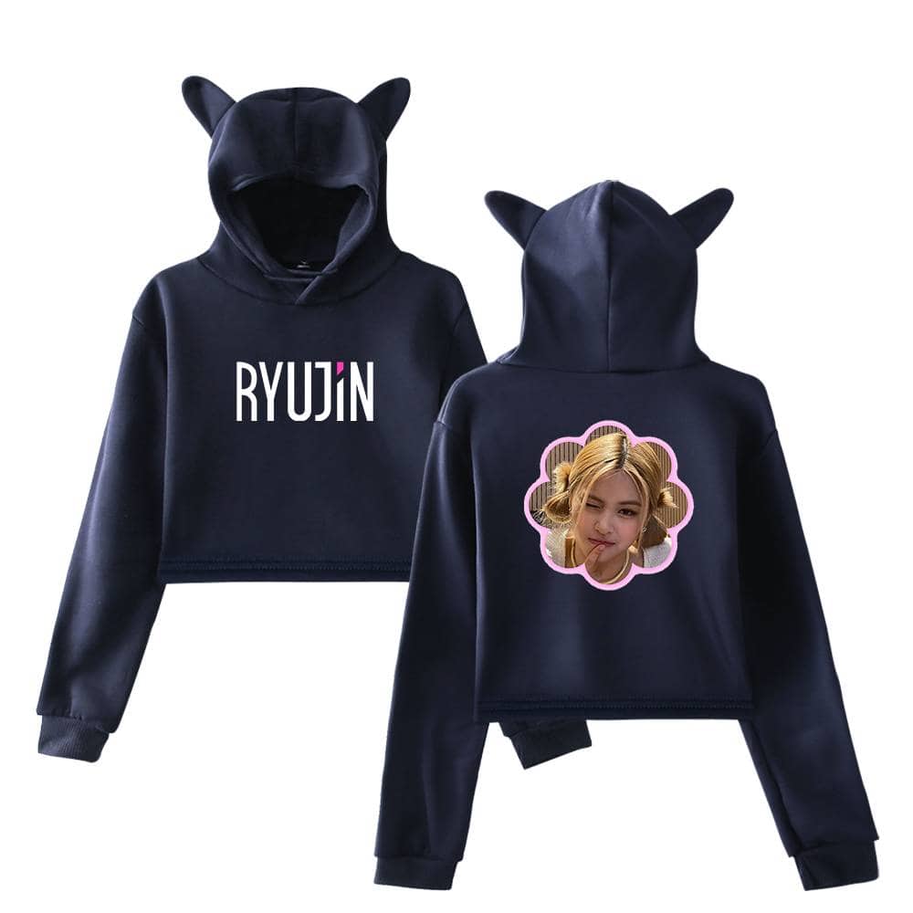 RYUJIN sweatshirt with cute animal ears hood, featuring bold white and pink text, perfect for fans of K-pop style swag merch.