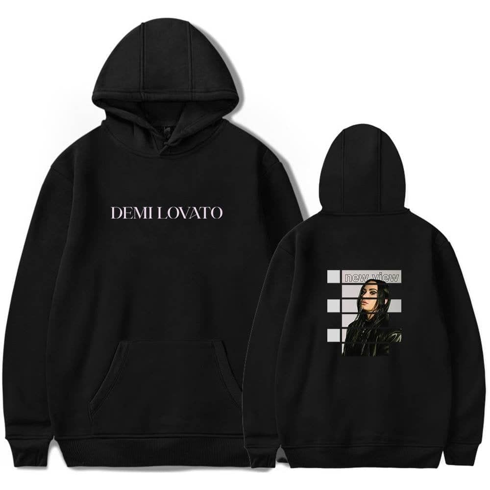 Black hoodie featuring Demi Lovato with trendy graphic design elements and stylish text. Perfect for fashion-forward fans and streetwear enthusiasts.