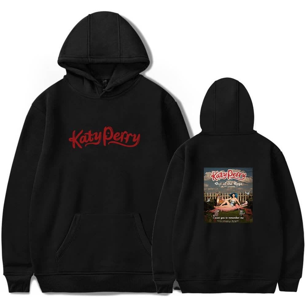 Katy Perry swag hoodie featuring bold red lettering on the front and a graphic design inspired by her album on the back. Perfect for fans to showcase their music style.