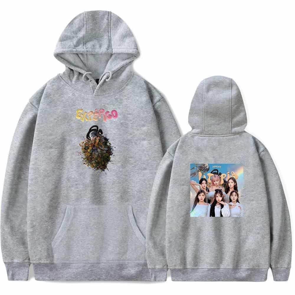 Bright grey hoodie featuring "EXO ERGO" graphic design with colorful lettering and a vibrant central image, perfect for Justin Bieber swag merch fans.