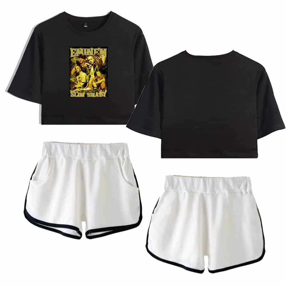 Black cropped t-shirt featuring a Justin Bieber-themed graphic design and white shorts with black trim, embodying trendy swag style.