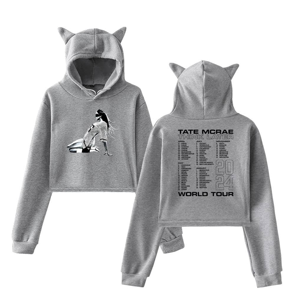Tall gray hoodie and sweatpants set featuring a graphic of a girl sitting, with cat ears on the hood, inspired by Justin Bieber swag merch.