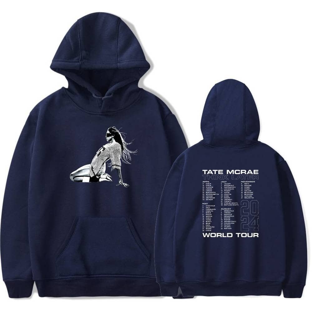 Black hoodie with Justin Bieber graphic print and "Swag" text on the front. The back features Tate McRae world tour dates and "Think Later" slogan. Perfect for fans of Justin Bieber and trendy streetwear.