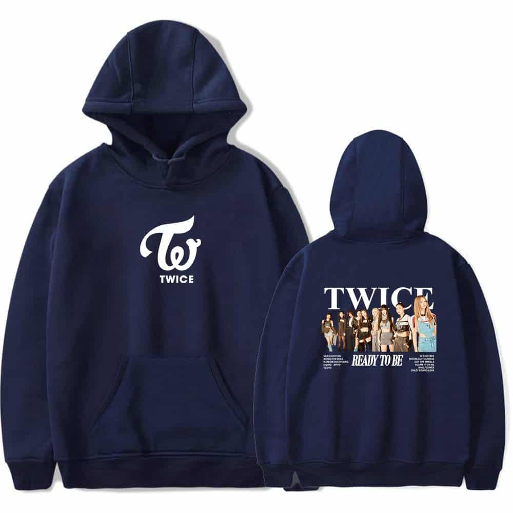 TWICE hoodie with band logo and fan group image, stylish and trendy merch for K-pop fans.