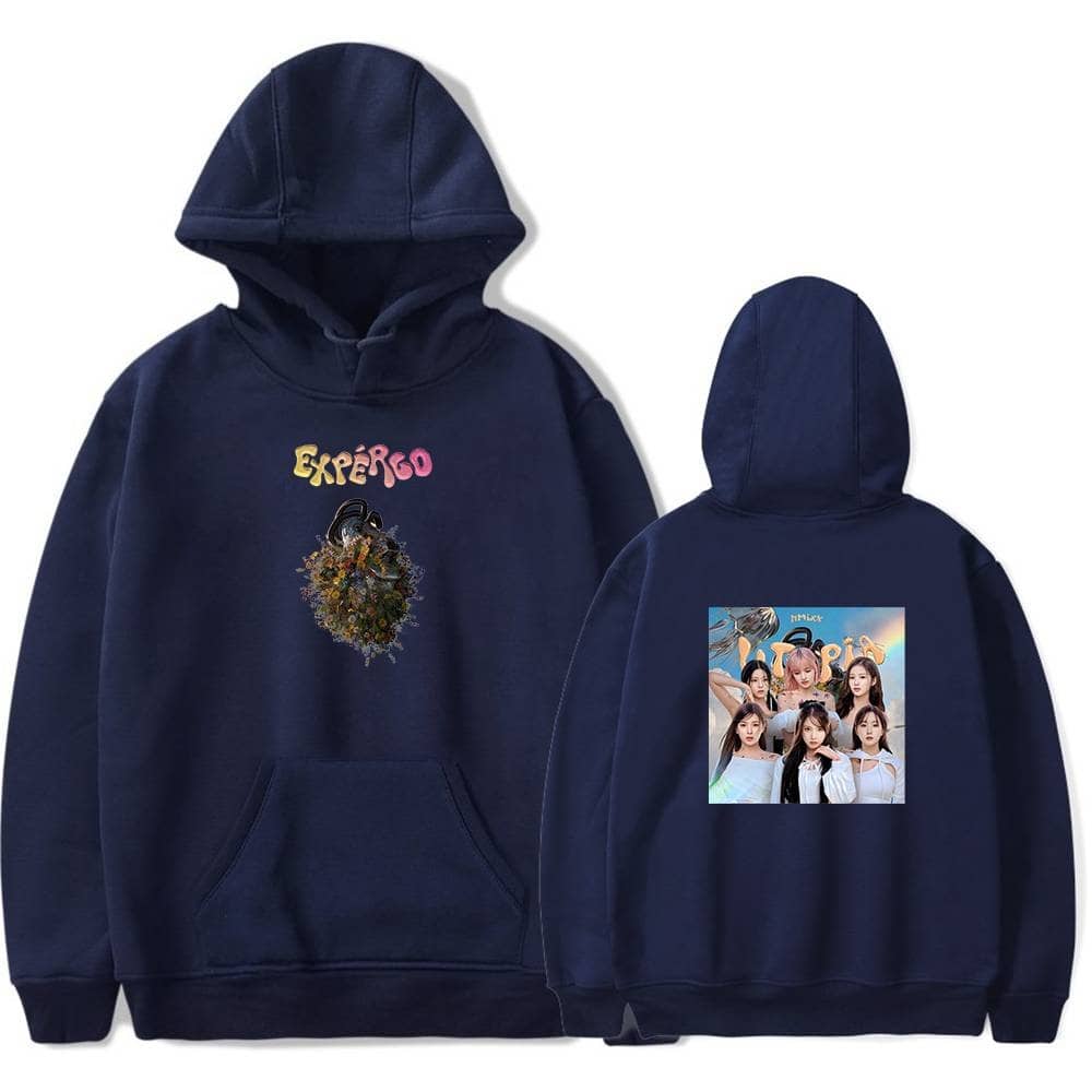 Black hoodie with colorful graphic design featuring a floral arrangement and the word "Expiro" on the front, and a group photo of a music group on the back, perfect for Justin Bieber swag merch fans.