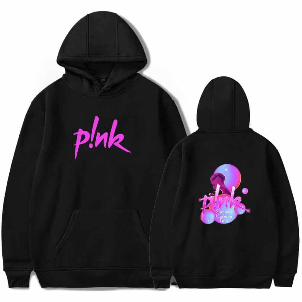 P!nk swag hoodie featuring vibrant pink and purple graphic design with her face and promotional tour text.