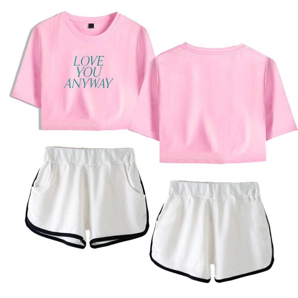 LOVE YOU ANYWAY pink cropped t-shirt with white sporty shorts featuring black trim, trendy and comfortable Justin Bieber swag merch.