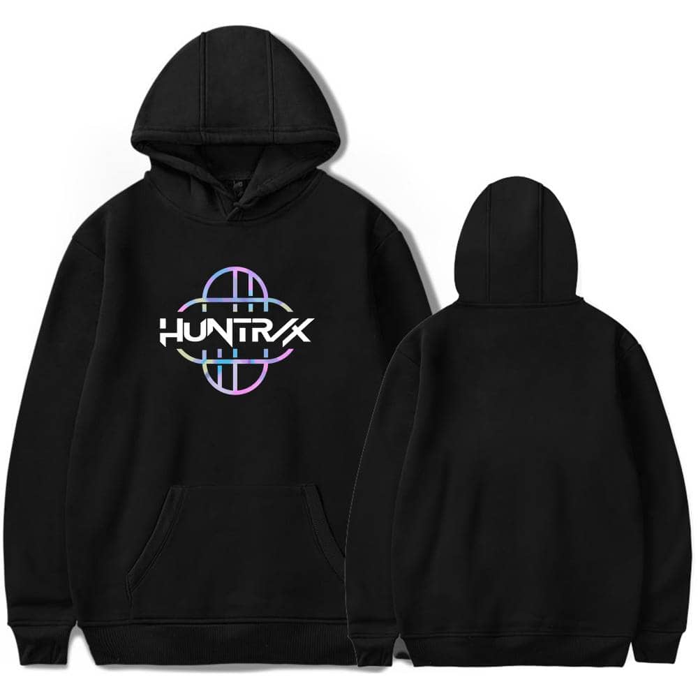 HUNTRX black hoodie with colorful logo, stylish for Justin Bieber fans, trendy swag merch, unisex casual wear, perfect for streetwear or concert outings.