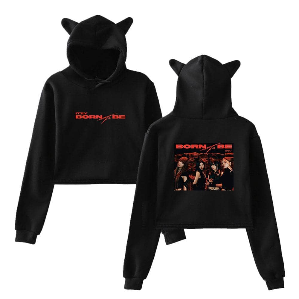 Black hoodie with cat ears featuring "Born to Be" text and a group girl band graphic, perfect for Justin Bieber swag merchandise.