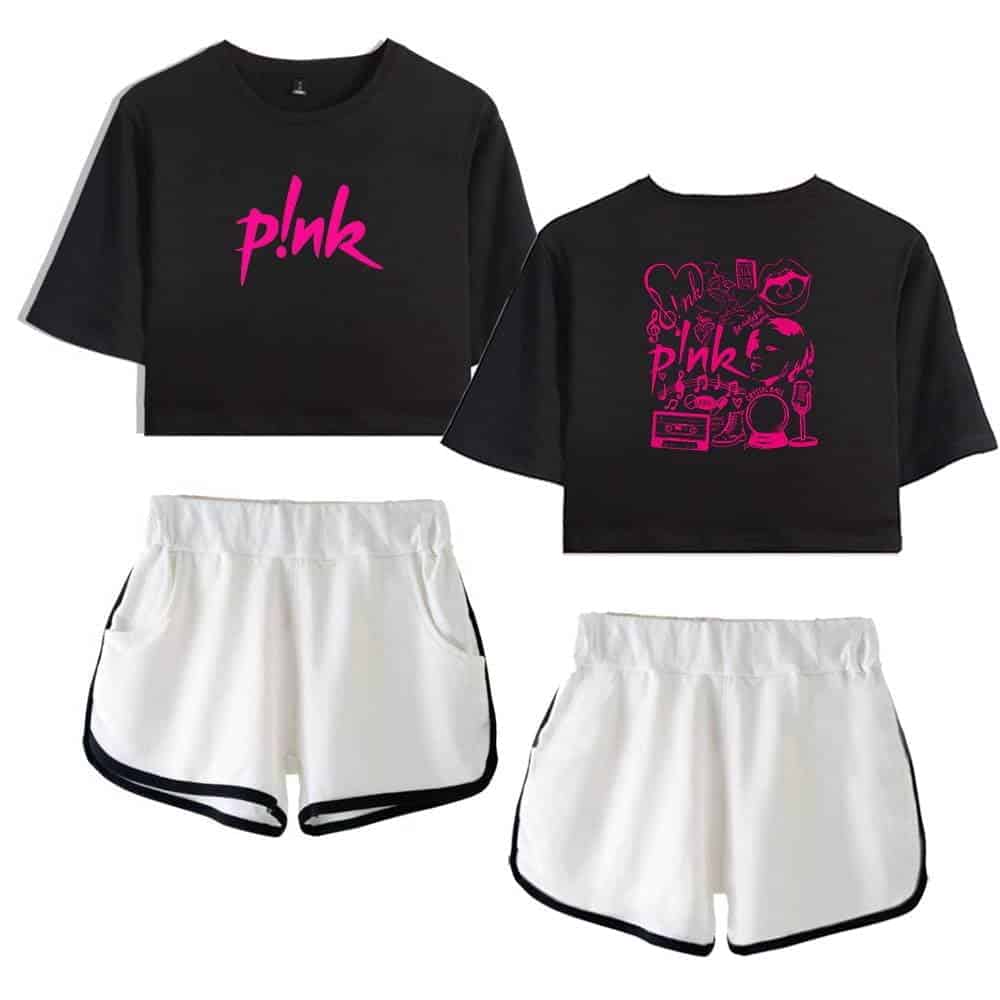 Pink cartoon text logo crop top sweatshirt with graphic back design and white athletic shorts with black trim, inspired by Justin Bieber swag merch.