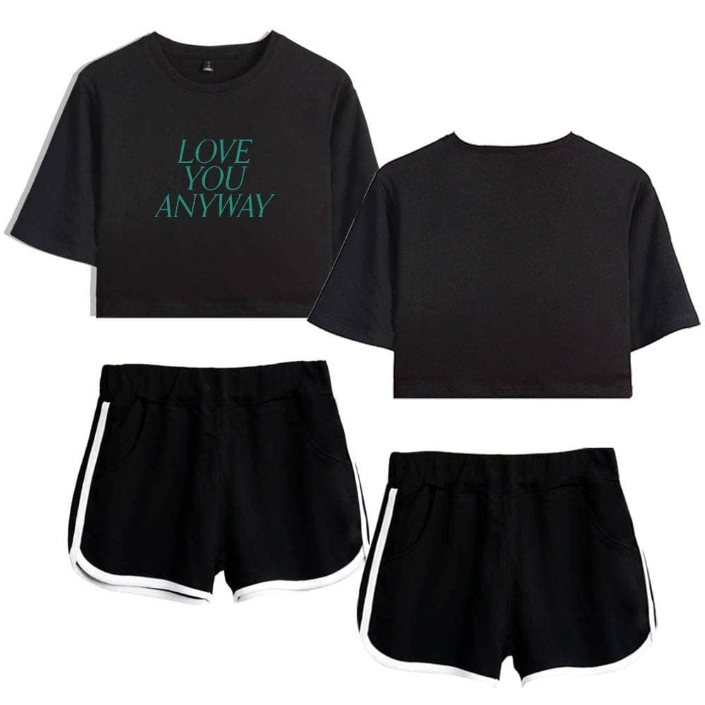 Black Justin Bieber swag merch crop top and shorts set, casual athletic style, featuring simple black design with sporty white trim on shorts.