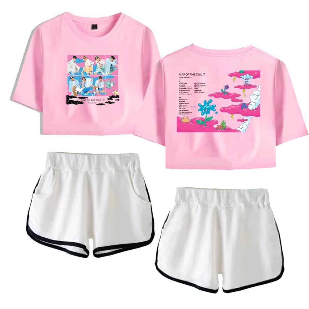 Map of the Soul 7 BTS graphic t-shirt and shorts, black and white, casual streetwear inspired merchandise, trendy Justin Bieber swag merch, ideal for fans of K-pop and pop music styles.