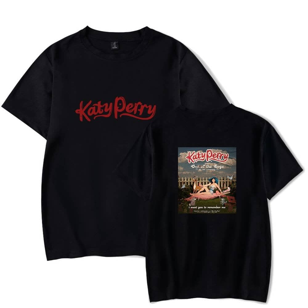Katy Perry swag merch t-shirt with graphic print, featuring her logo and album art, perfect for fans of pop music and retro-inspired fashion.