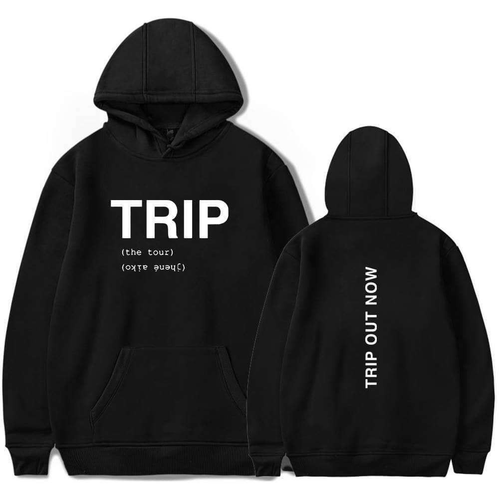 Justin Bieber swag merch black hoodie with "TRIP" and "TRIP OUT NOW" text, perfect for fans of his music and style. Show off your Bieber-inspired fashion statement with this trendy apparel.