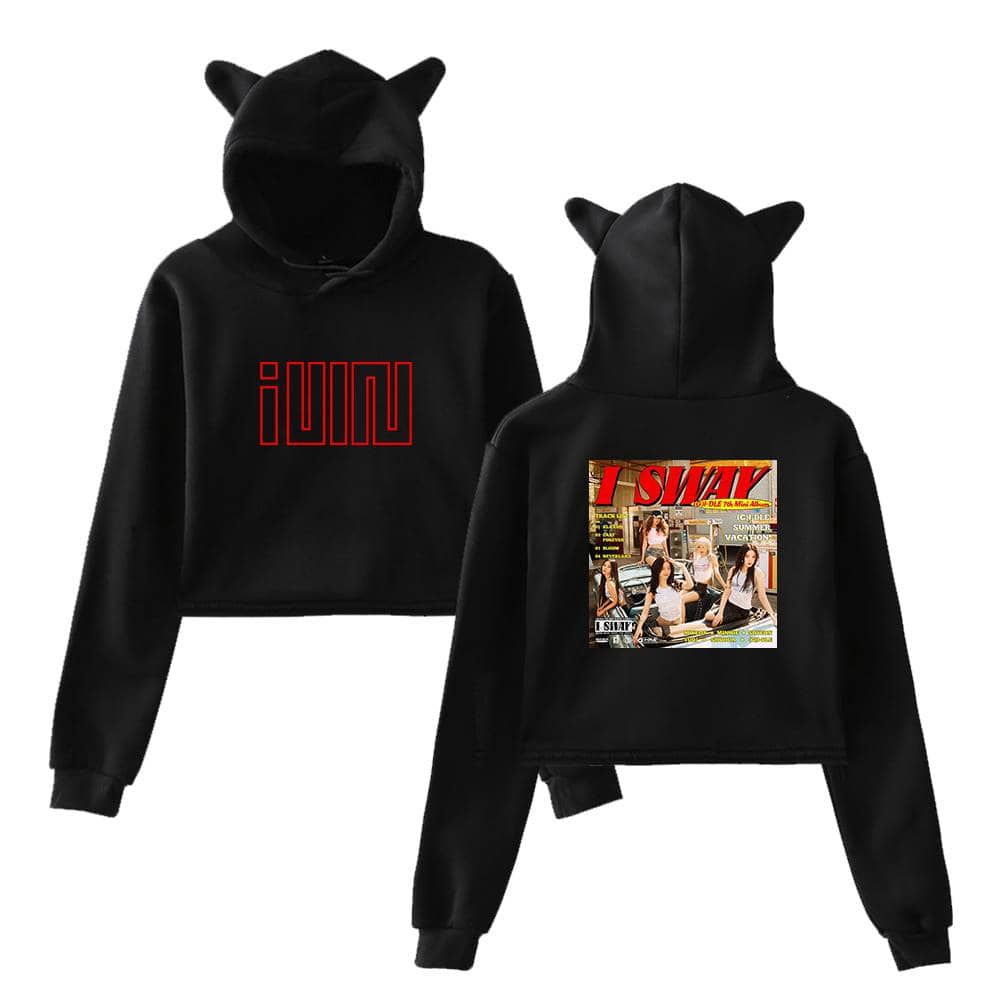 Jumj hoodie with cat ear hood and swag magazine print on back, stylish Justin Bieber-inspired streetwear for fans of swag merch and music fashion.