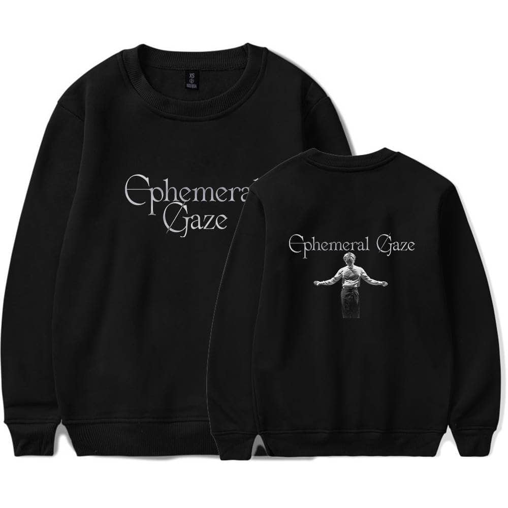 Ephemeral Gaze black sweatshirt with artistic text and monochrome image print, perfect for Justin Bieber swag merch fans.