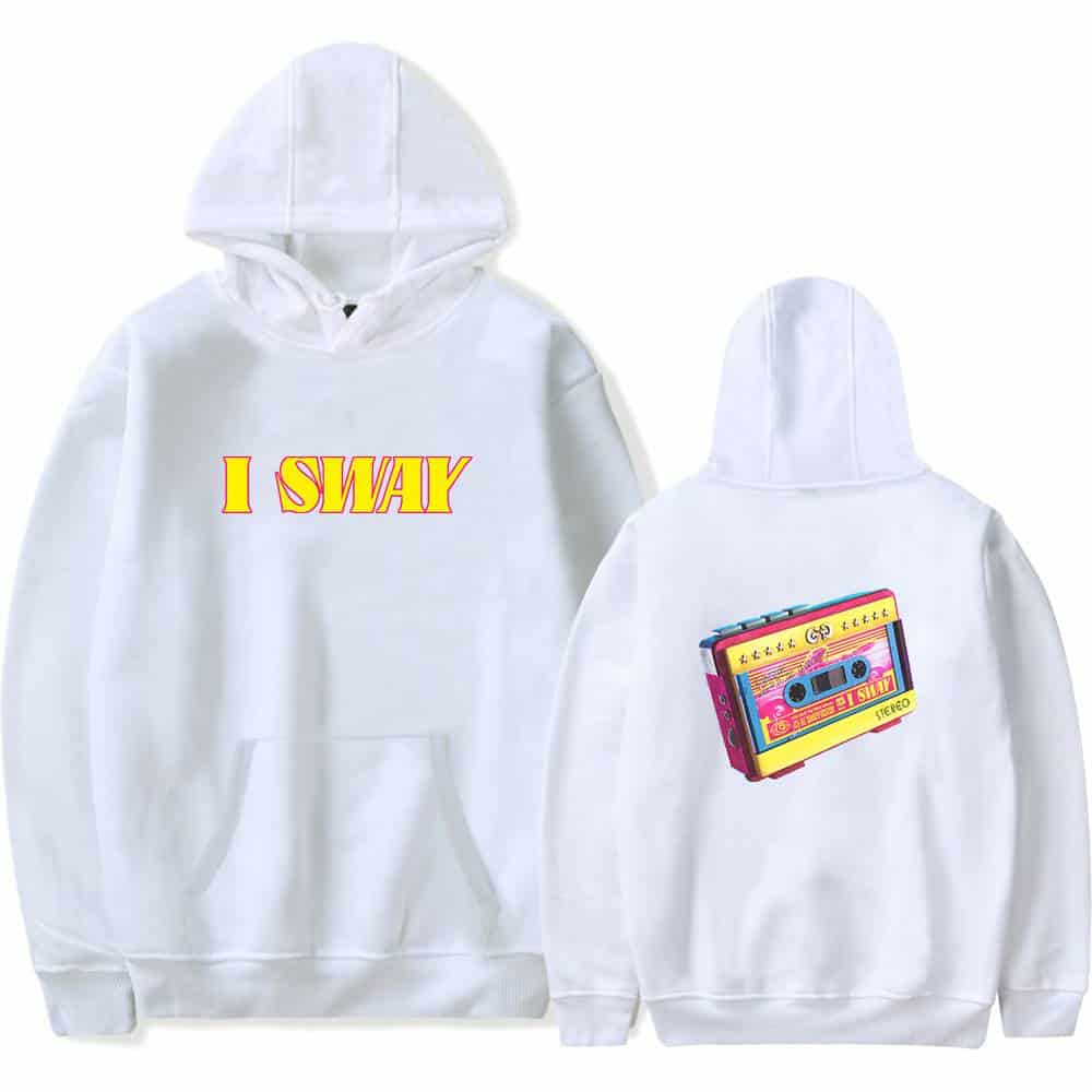 Bright white hoodie featuring bold, colorful "I SWAY" text on the front and a vintage cassette tape graphic on the back, inspired by Justin Bieber swag merch.