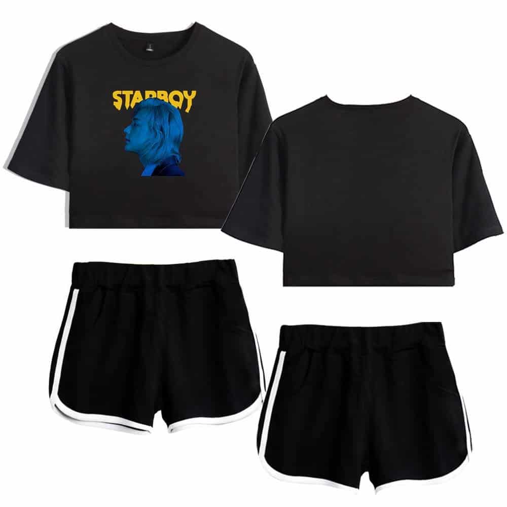 Starboy graphic crop top and matching black shorts with white trim, inspired by Justin Bieber's swag merch style. Perfect for casual streetwear fashion.