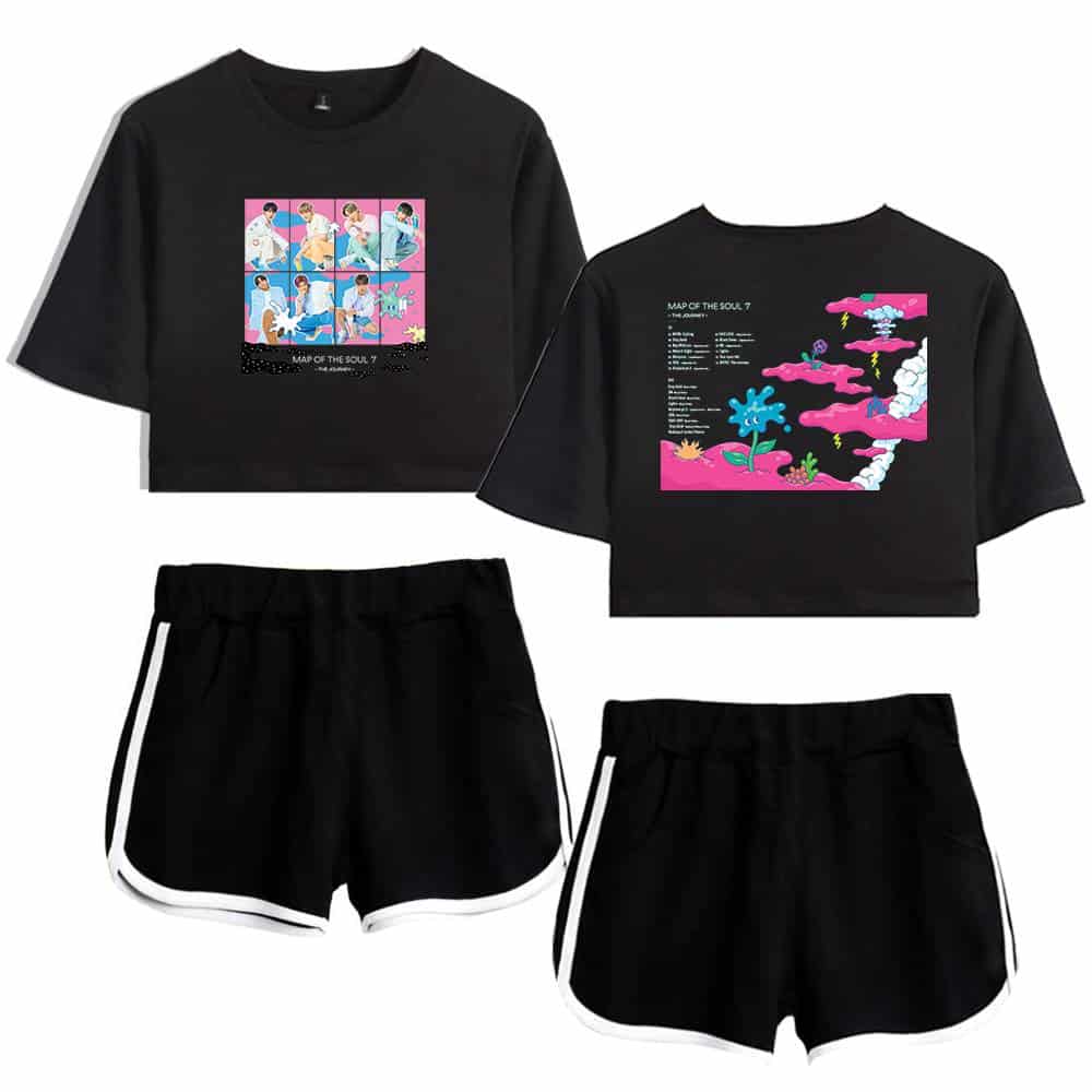 Black graphic oversized t-shirts inspired by Justin Bieber's "Map of the Soul 7" album with colorful, pop art style designs.