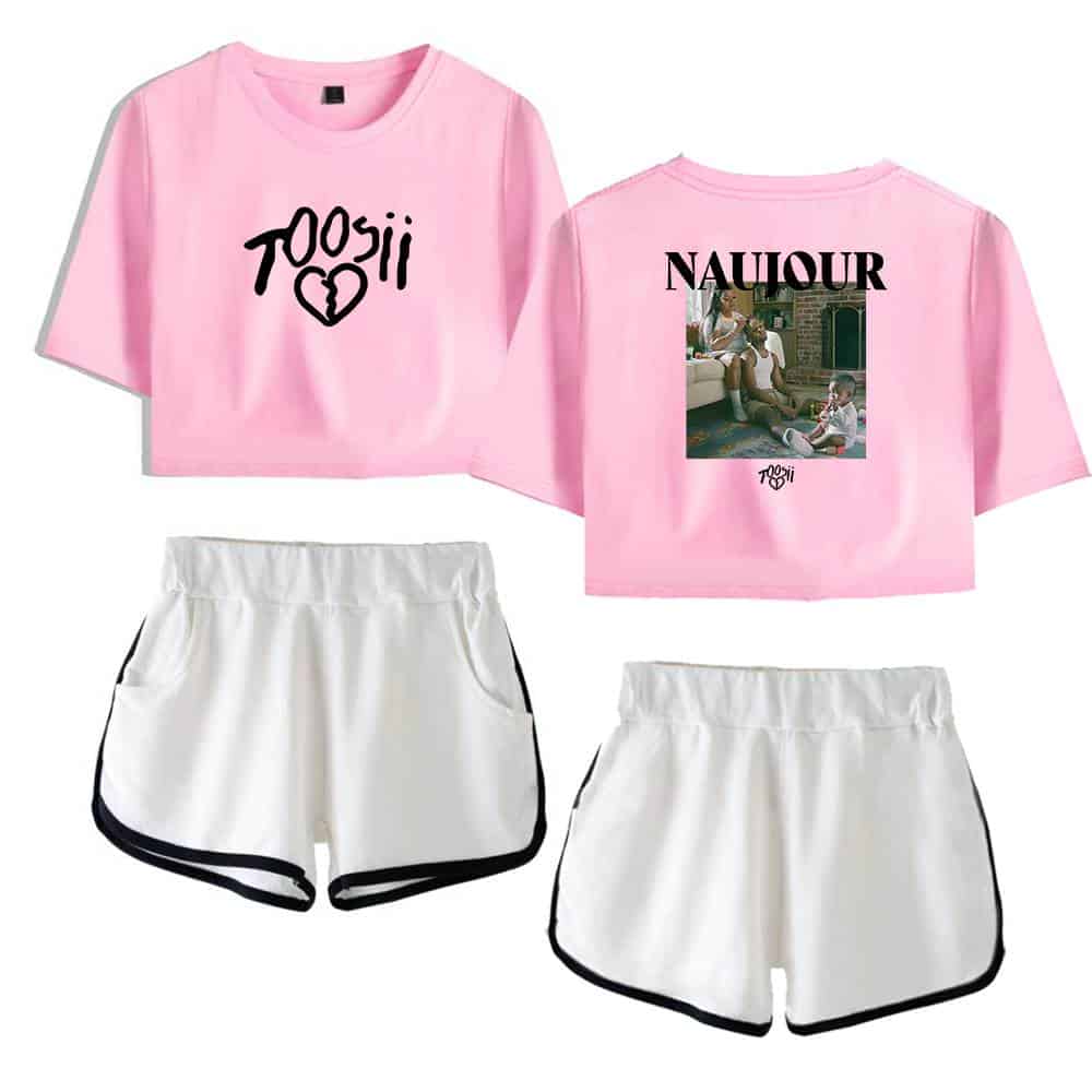 Toosii pink cropped t-shirt with black logo and hearts, paired with white athletic shorts with black trim, inspired by Justin Bieber swag merch style, trendy streetwear look, vibrant and casual outfit for fans.