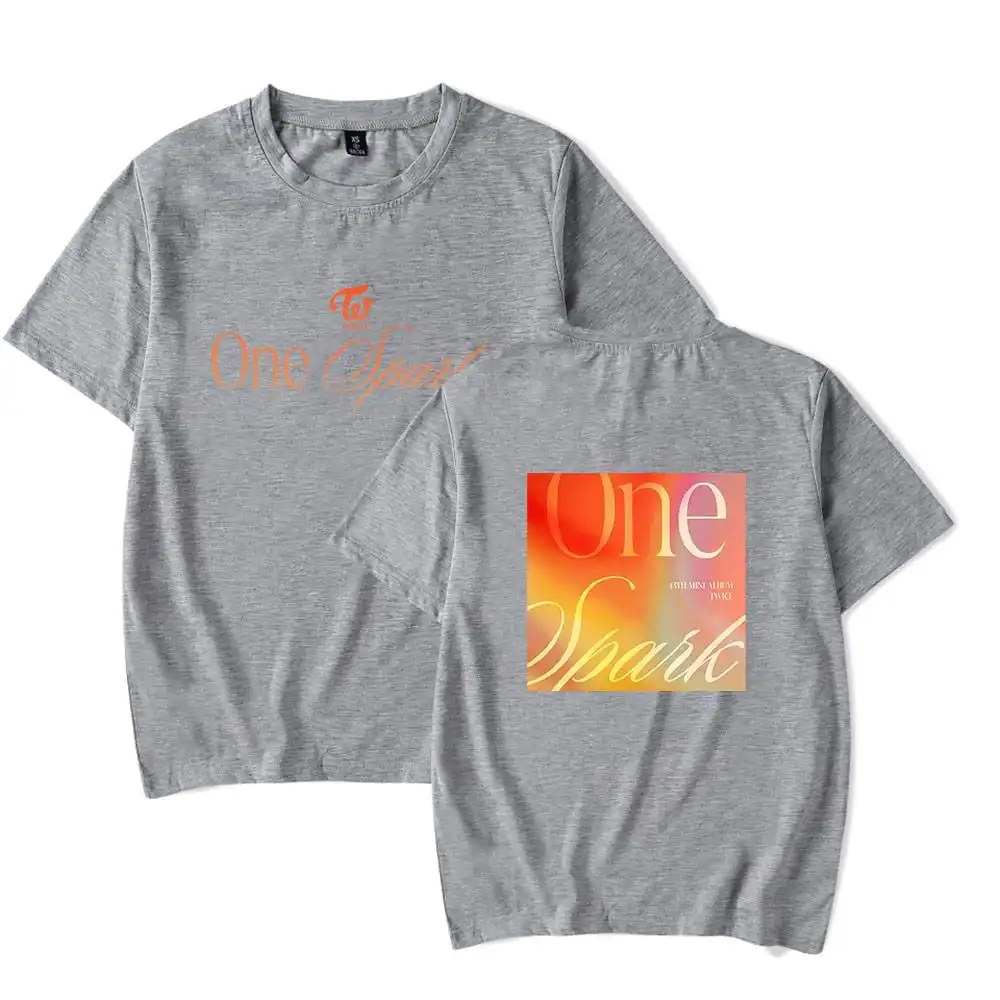 One spark grey t-shirt with colorful graphic design.