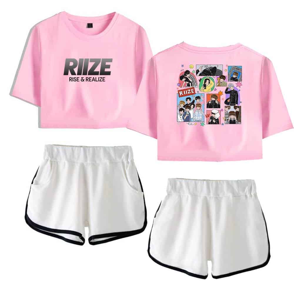 Riize swag merch pink cropped t-shirt with graphic print and comfortable white athletic shorts with black trim, perfect for casual style and fan expression.