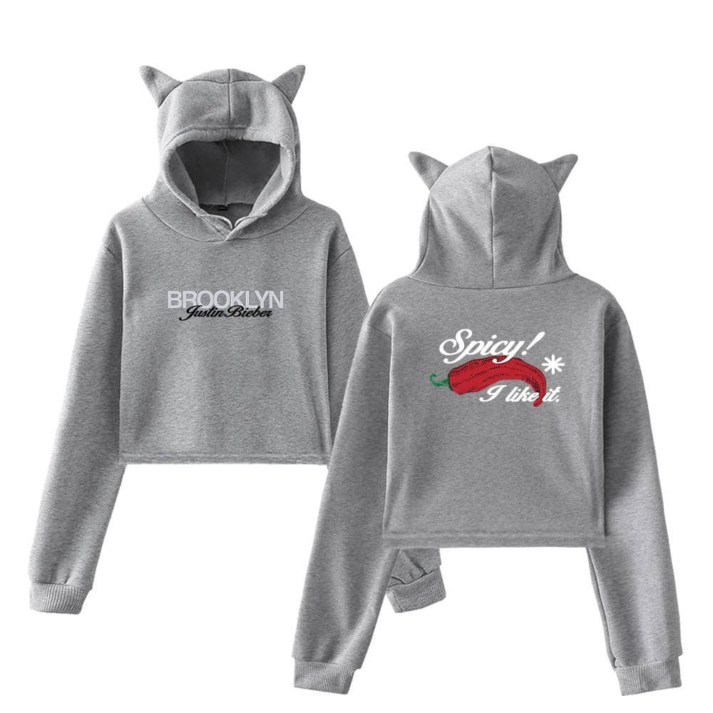 Brooklyn Justin Bieber themed swag hoodie with playful spicy chili pepper design and cute cat ears on the hood. Perfect for fans wanting trendy, fun apparel.