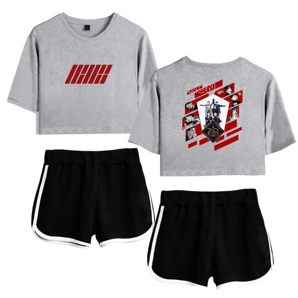 IHHiKorean boy band merchandise with "IHHi" logo and K-pop group image on gray cropped T-shirts paired with black shorts.