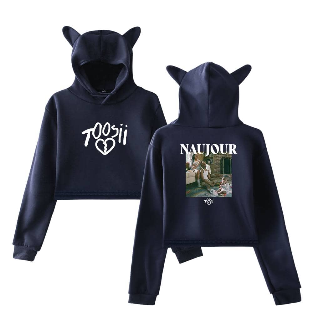 Soft black hoodies with playful graphics and cute animal ears, perfect for fans of Justin Bieber swag merchandise. The front features a stylized heart and logo, while the back showcases a photo and brand text for trendy streetwear style.