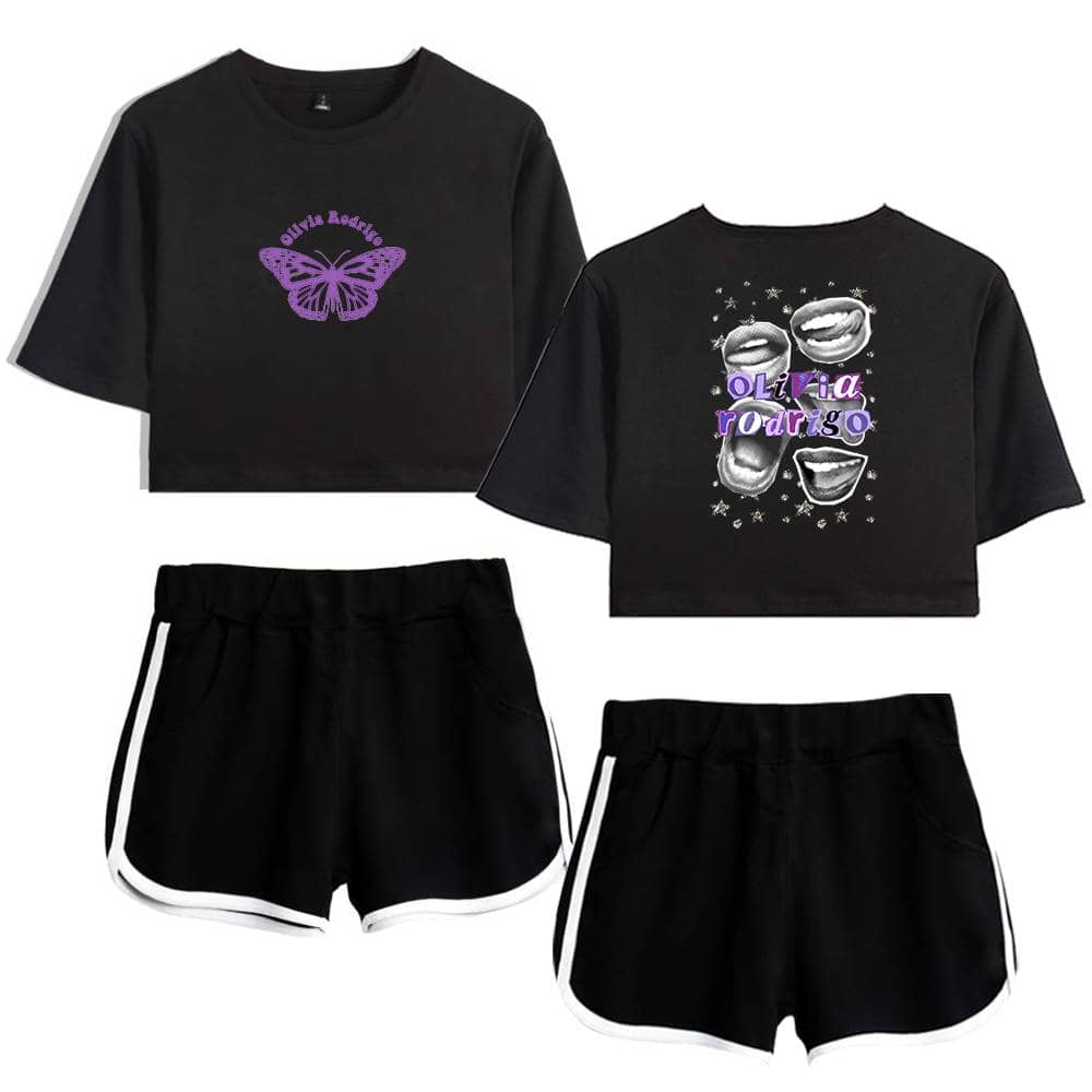 Butterfly graphic t-shirt with purple design, casual shorts, and trendy graphic crop top ensemble for Justin Bieber swag merch style.