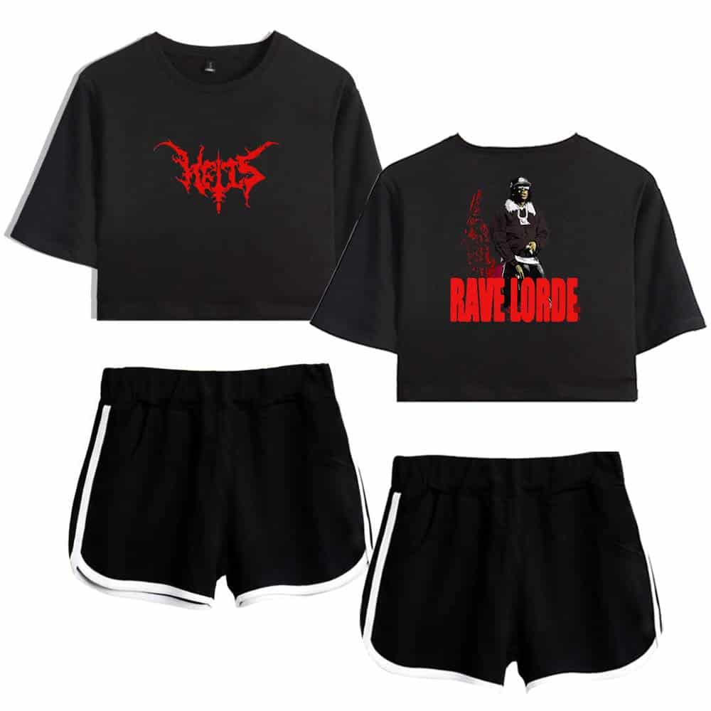 Justin Bieber swag merch set featuring black crop tops with bold red graphic designs and matching black athletic shorts with white trim, perfect for a trendy streetwear look.