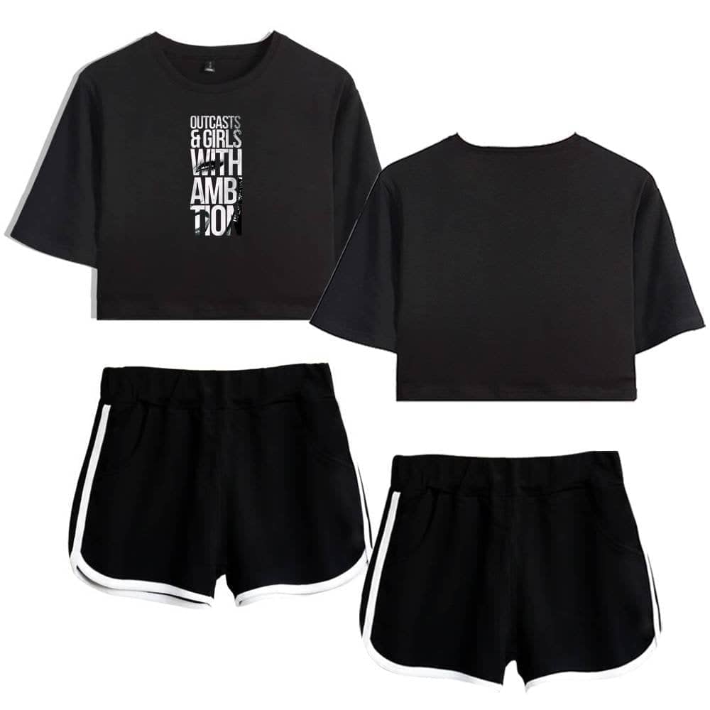 Outfits and girls with ambassador logo crop top and black athletic shorts, casual swag merchandise for Justin Bieber fans.