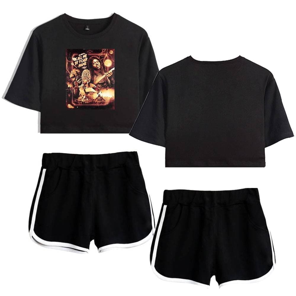 Black Justin Bieber swag merch crop top and shorts set with bold graphic print, perfect for fans who want stylish and comfortable streetwear inspired by pop icon Justin Bieber. Great for casual outings or music events.
