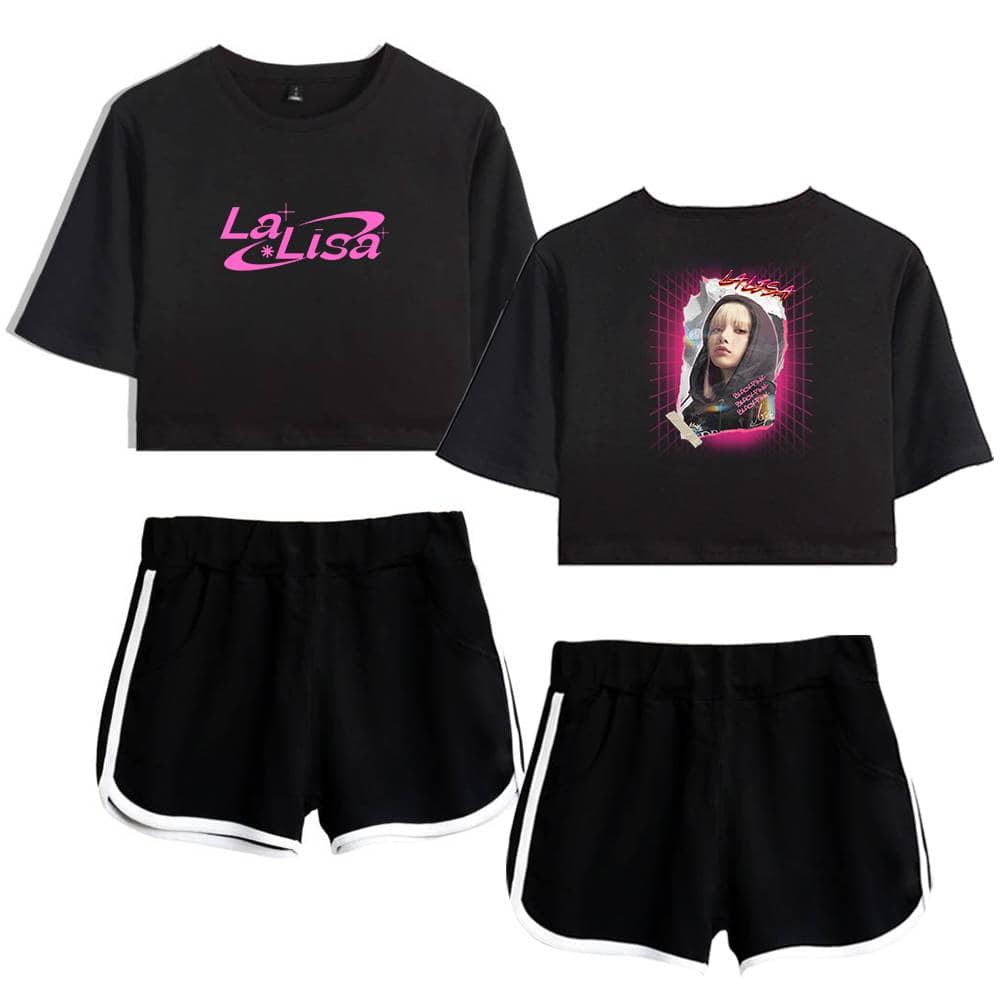 La Lisa swag crop top and shorts set featuring bold graphic design and vibrant colors. Perfect for fans of Justin Bieber's style and trendy streetwear fashion.