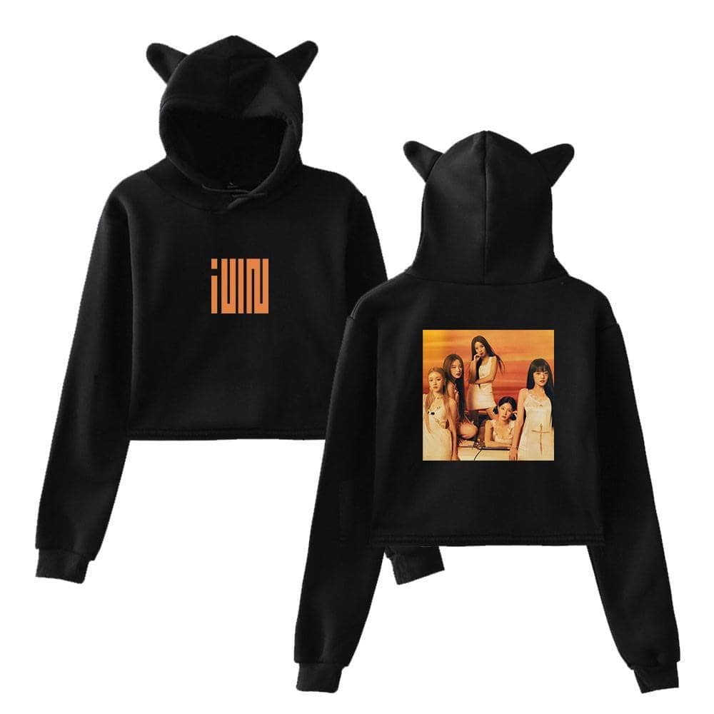 Back Jacket with Girl Group Photo and "JUN" Text, Black Hoodie with Cat Ears, Trendy Justin Bieber-inspired Swag Merch for Fans.
