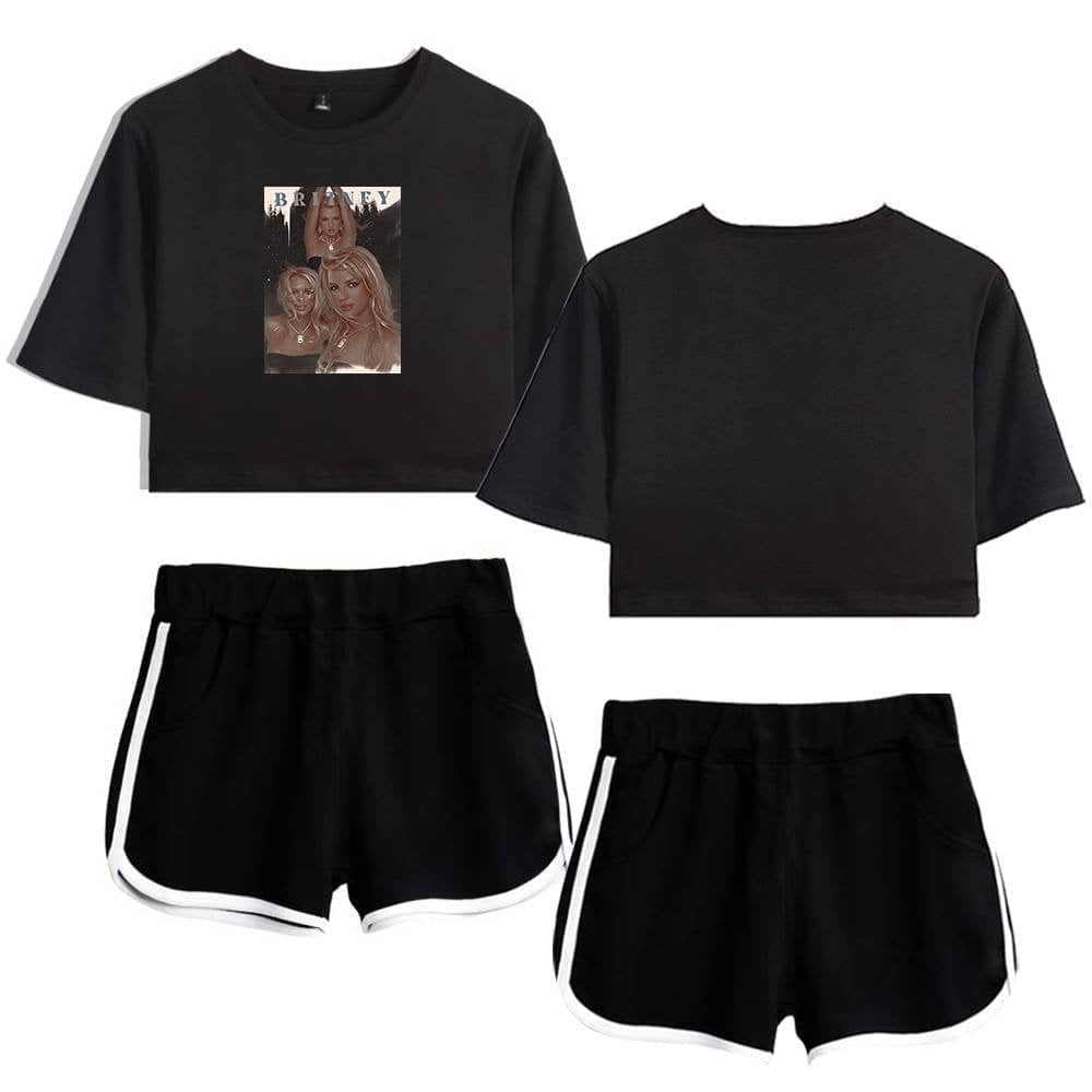 Justin bieber swag merch photo featuring trendy black cropped t-shirts with graphic prints and sporty black shorts with white trim, perfect for fans of Justin Bieber's streetwear style.