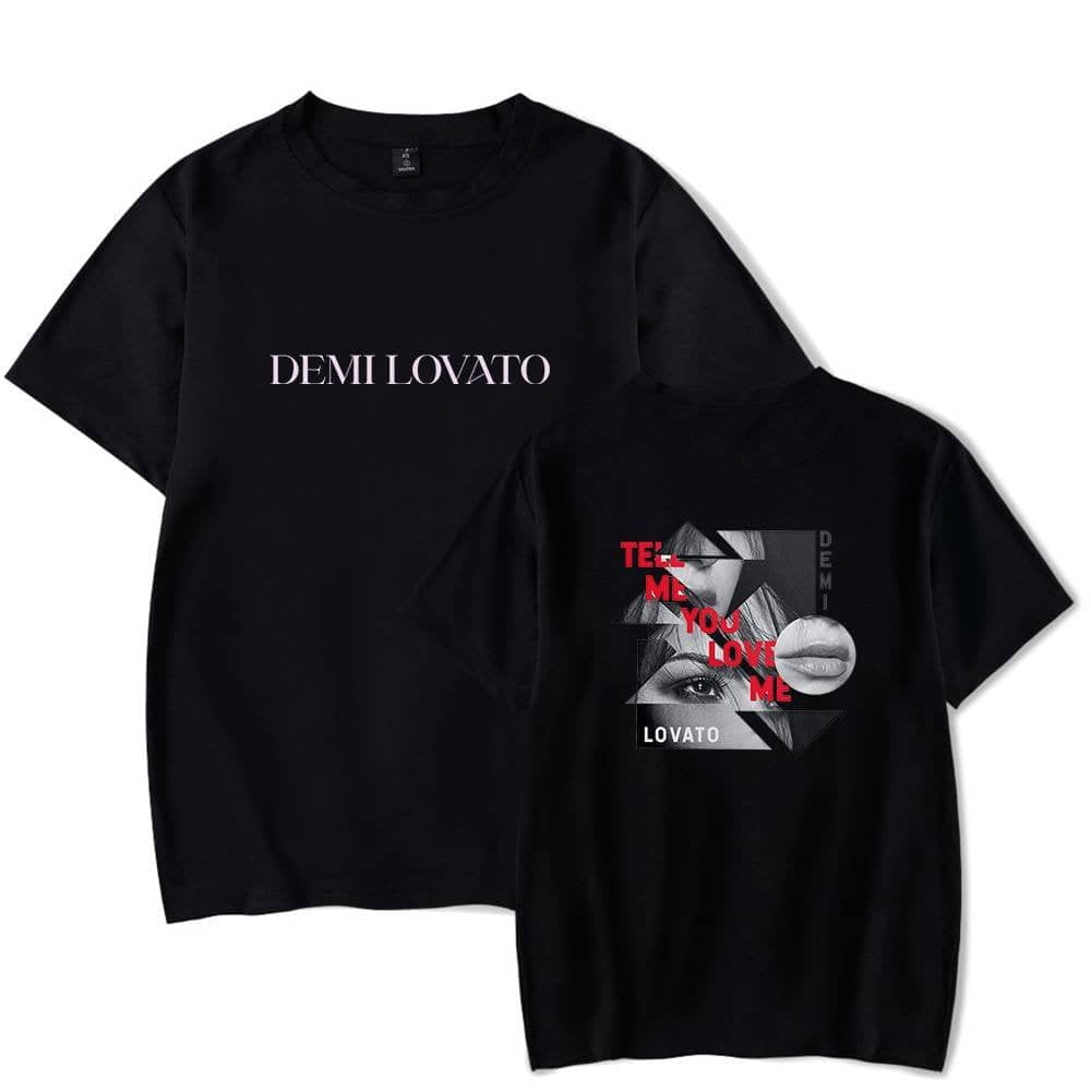 Justin Bieber swag merch T-shirt featuring Demi Lovato graphic design. Black color, casual streetwear style, perfect for fans of both artists. Comfortable fit with bold print details. Suitable for everyday wear and concert outings.