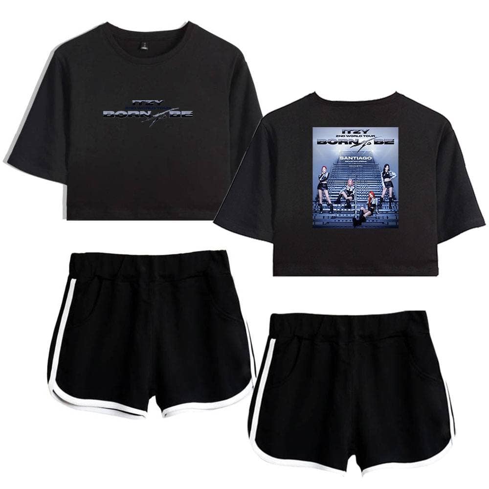 Black cropped sweatshirt with "BORN TO BE" slogan and a graphic tour print; matching black athletic shorts with white trim. Perfect swag merch inspired by Justin Bieber's style and tour collections.