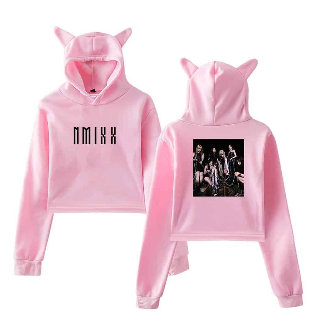 Pink hoodie with cat ears, featuring "NMKX" text and a group photo of The Blackpink members on the back, trendy and stylish swag merch inspired by Justin Bieber fashion.