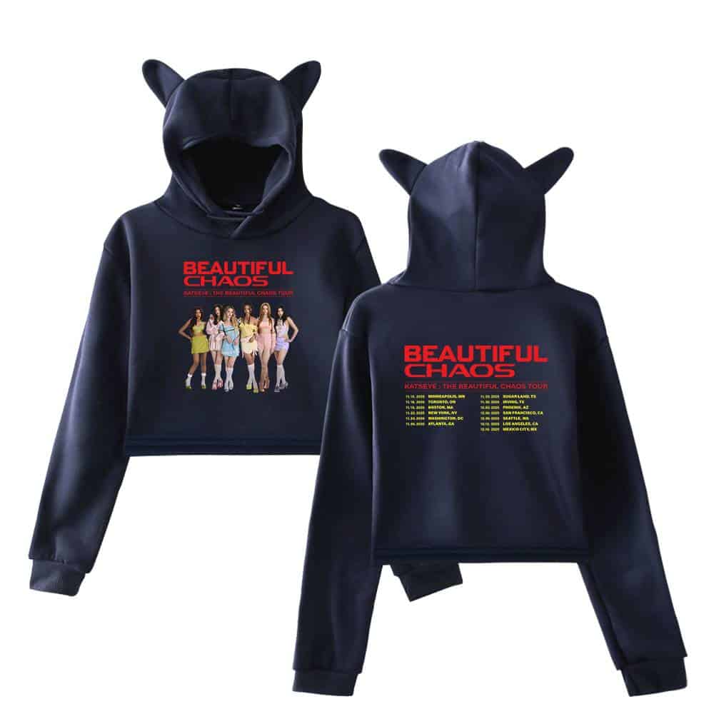Black Justin Bieber swag hoodie with cat ears, featuring vibrant tour graphics and photos of the artist. Perfect for fans looking to showcase their love for Bieber's music and style.