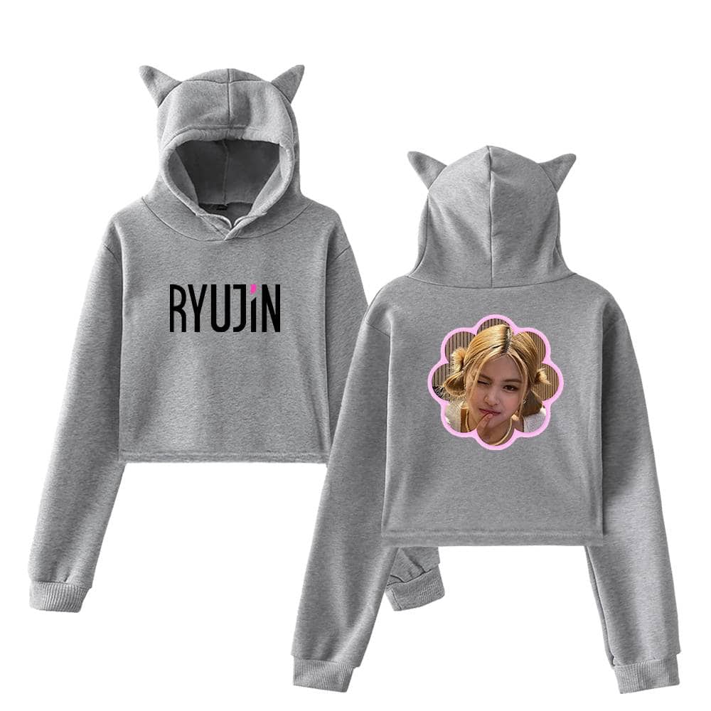 Ryujin cropped hoodie with ears and a girl making a playful expression on the back, perfect for Justin Bieber swag merch fans.